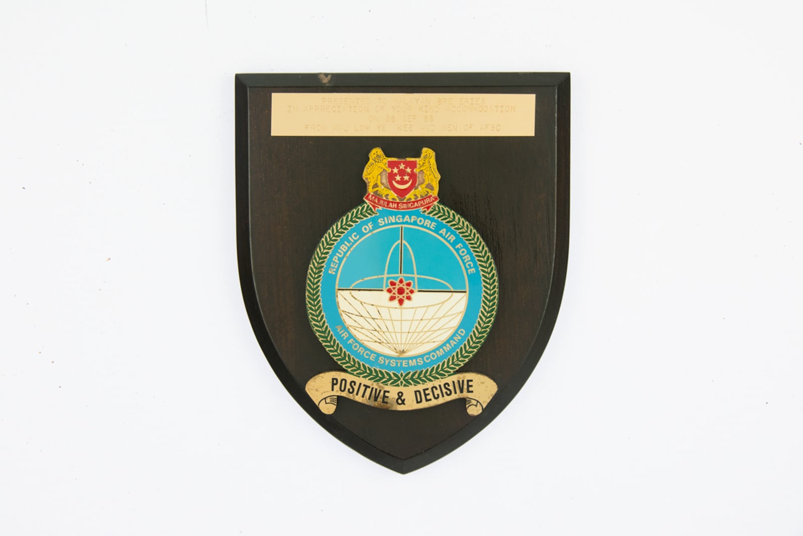 Republic of Singapore Air Force AFSC Plaque 1988