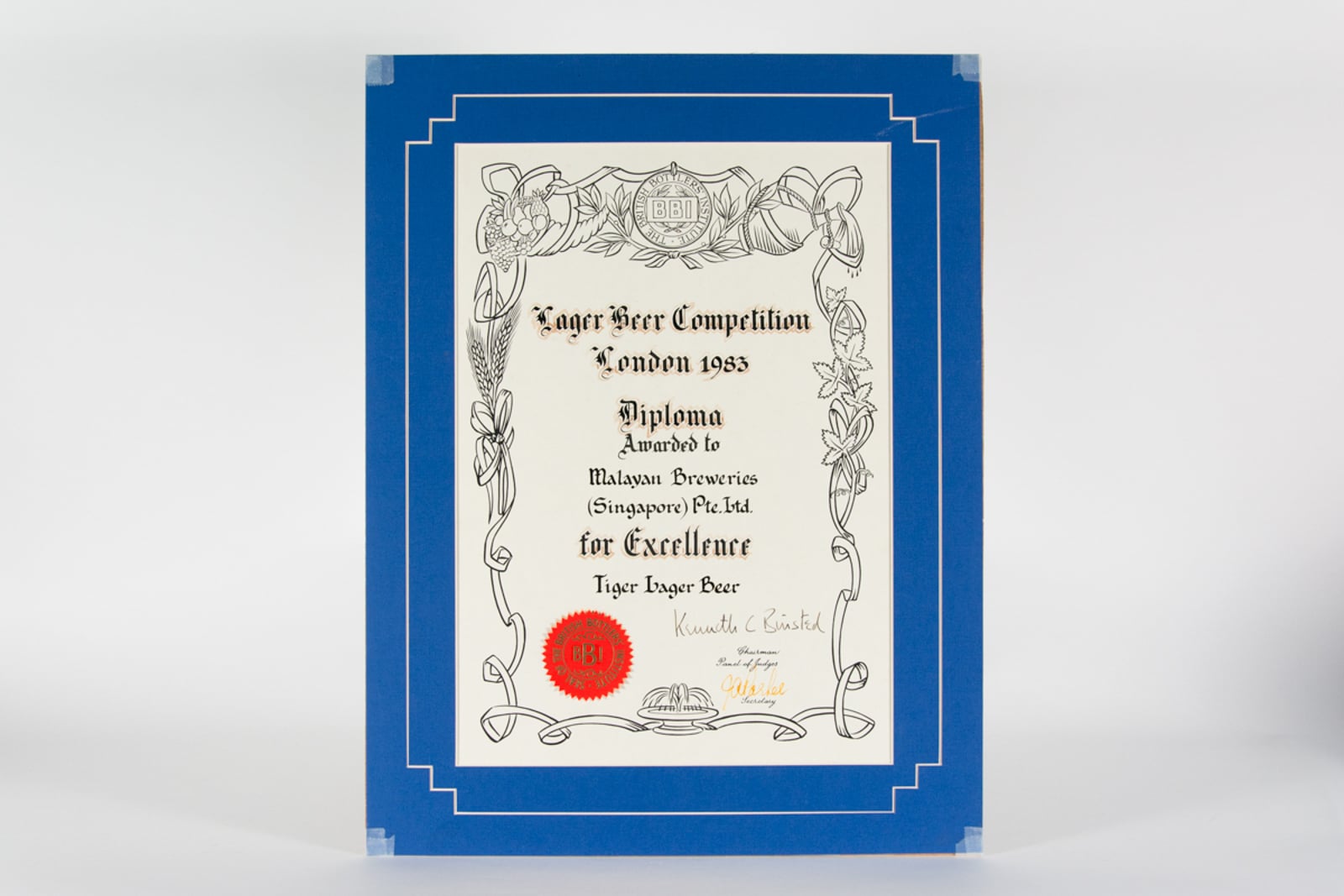 Tiger Lager Beer Diploma for Excellence Certificate 1983