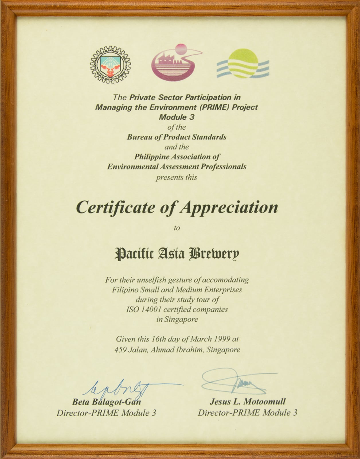 PRIME Certificate of Appreciation 1999