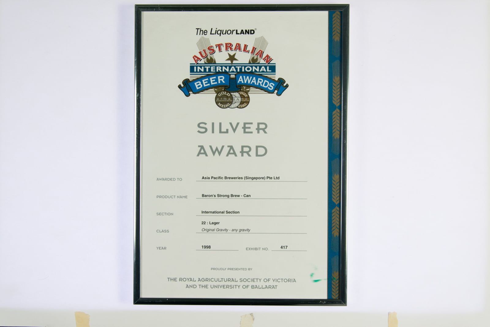 Baron's Strong Brew (Can) Silver Award, Australian International Beer Awards Certificate 1998