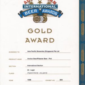 Anchor Beer/Pilsener Beer (Pint) Gold Award, Australian International Beer Awards Certificate 1998