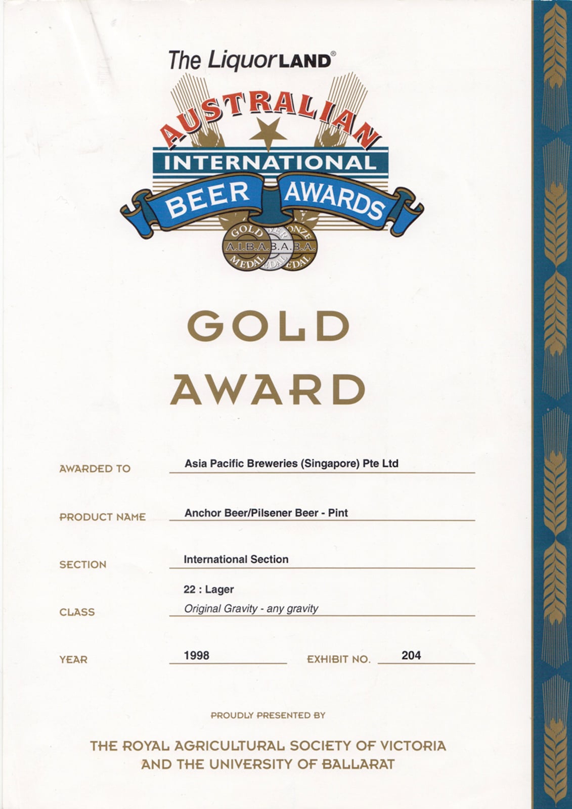 Anchor Beer/Pilsener Beer (Pint) Gold Award, Australian International Beer Awards Certificate 1998