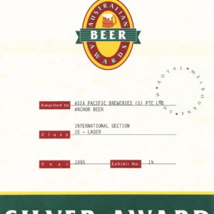 Anchor Beer (Lager) Silver Award, Australian Beer Awards Certificate 1995