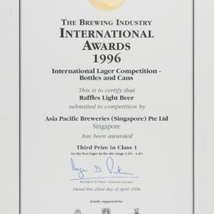 Raffles Light Beer (Bottles & Cans) 3rd Prize Class 1, The Brewing Industrty International Awards Certificate 1996