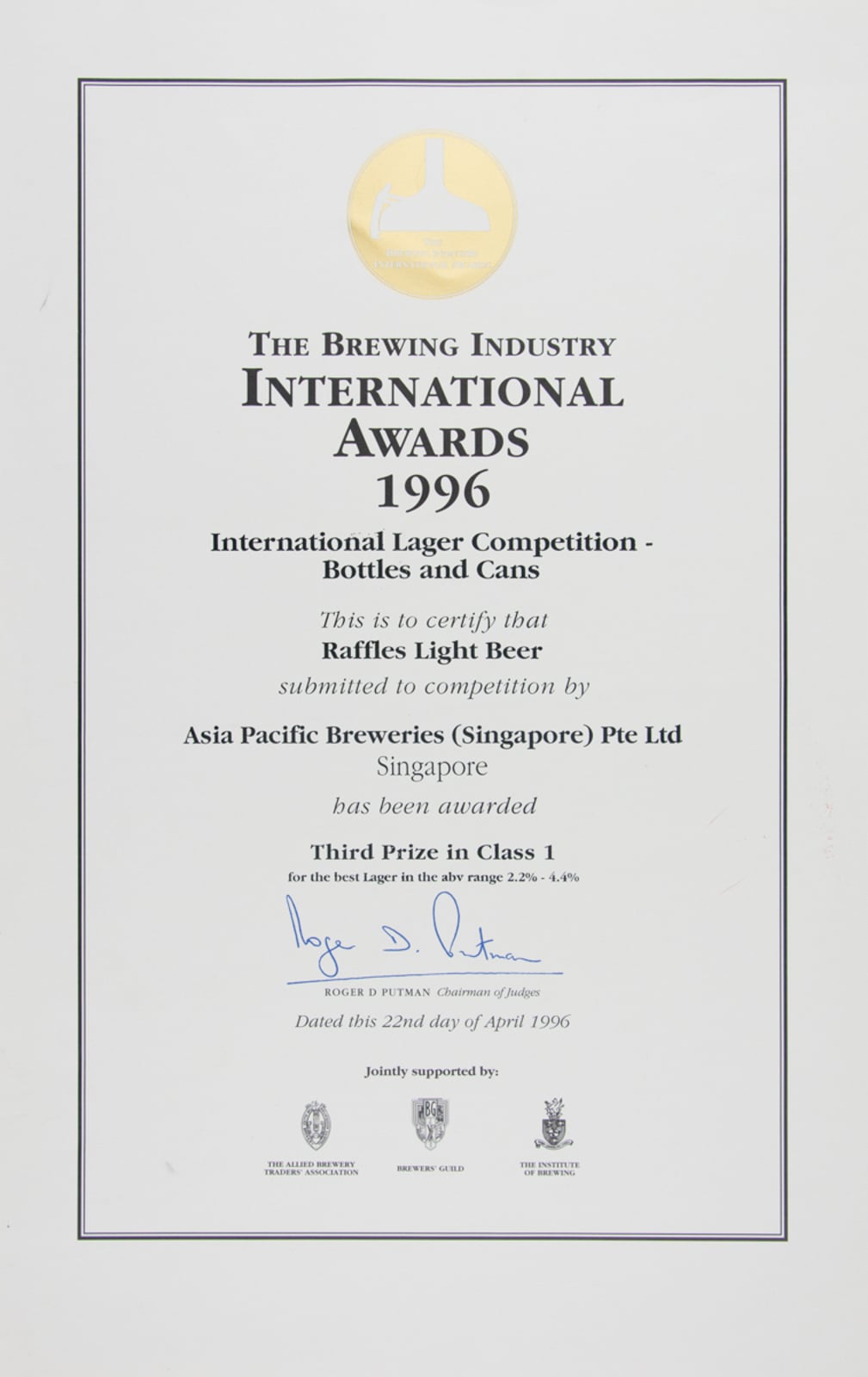 Raffles Light Beer (Bottles & Cans) 3rd Prize Class 1, The Brewing Industrty International Awards Certificate 1996