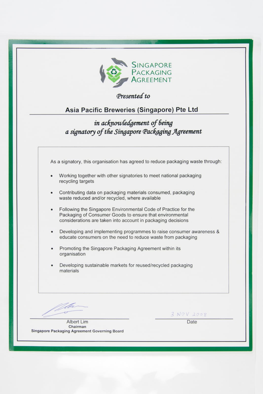 APBS - Singapore Packaging Agreement Certificate 2008