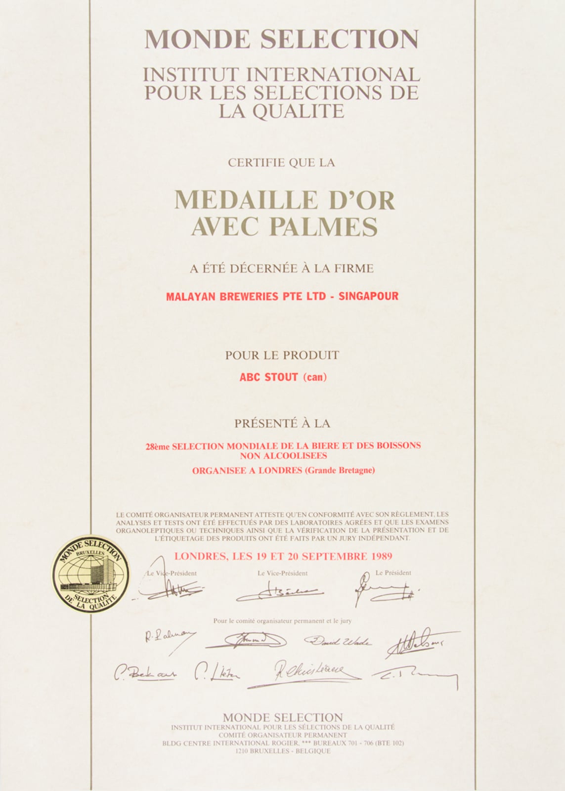 ABC Stout (Can) - Médaille d'Or avec Palmes, Monde Sélection Certificate 1989
