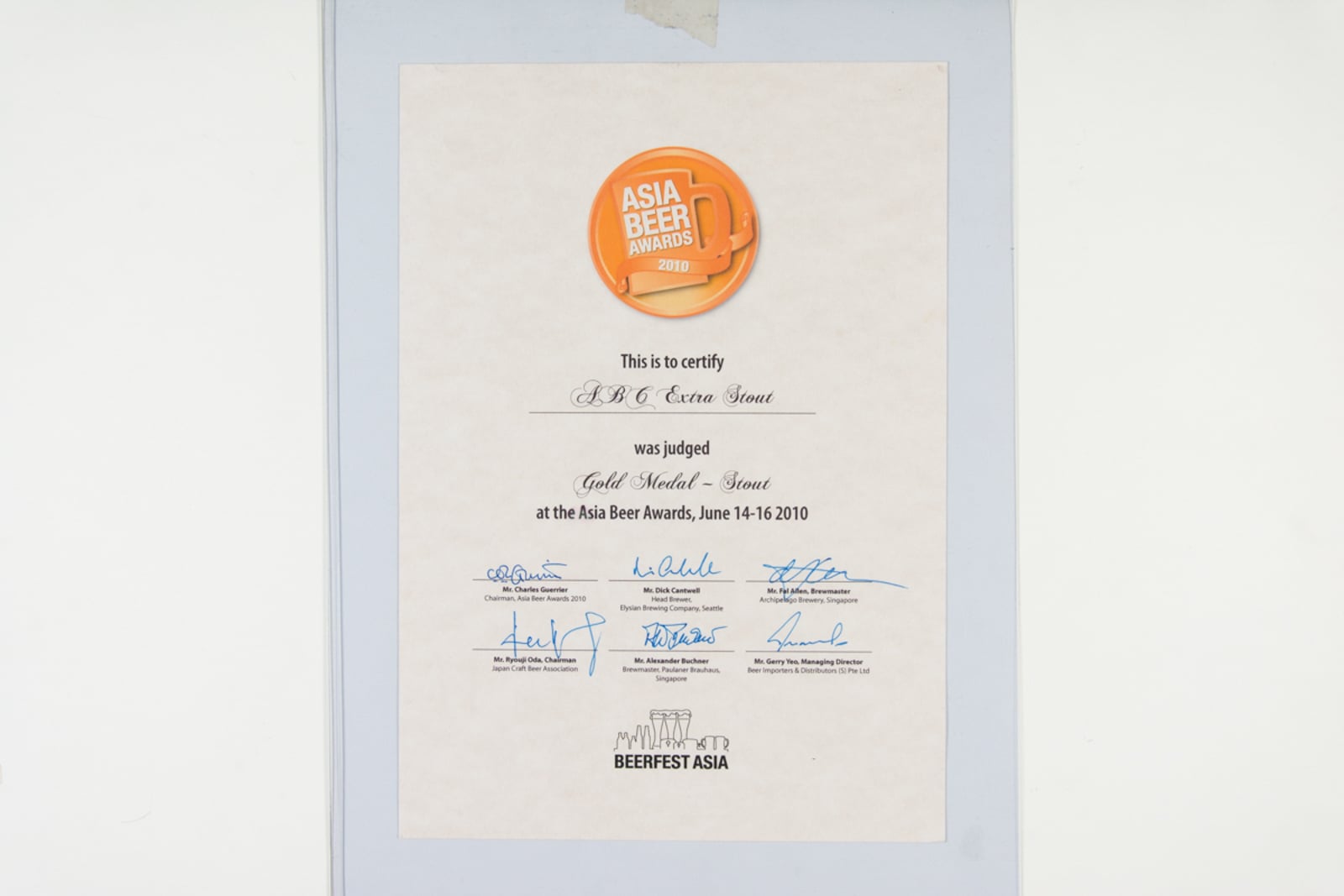 ABC Extra Stout Gold Medal, Asia Beer Awards Certificate 2010