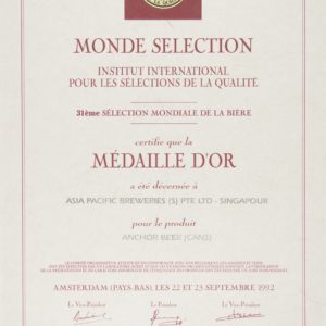 Anchor Beer (Cans) - Médaille d'Or, Monde Sélection Certificate 1992