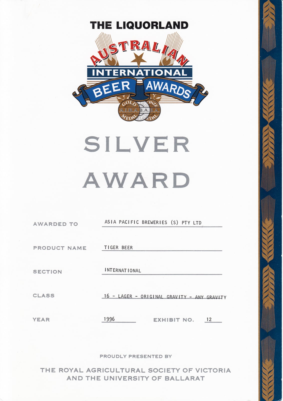 Tiger Beer Silver Award, Australian International Beer Awards Certificate 1996