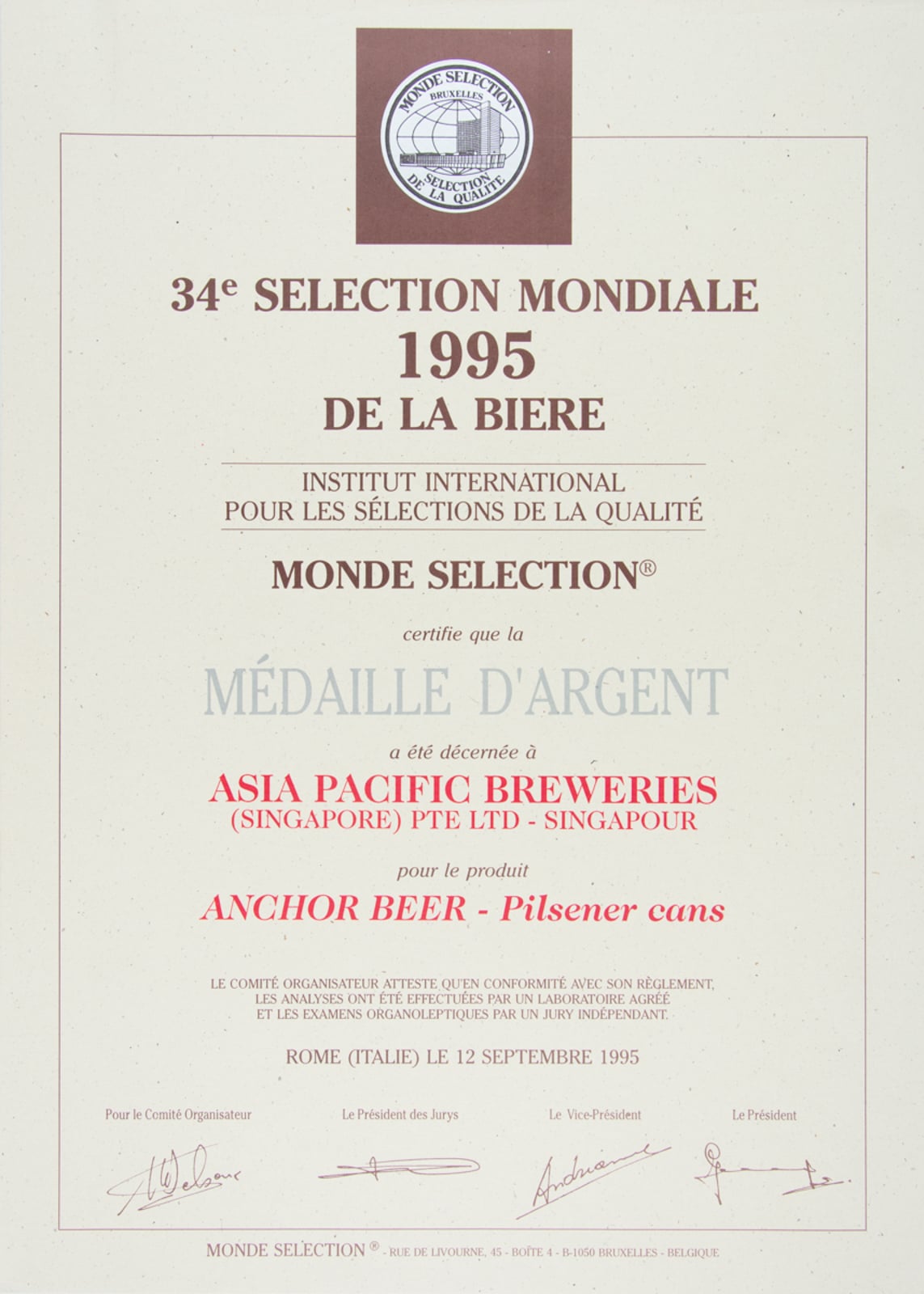 Anchor Beer - Pilsener (cans) - Médaille d'Argent, Monde Sélection Certificate 1995