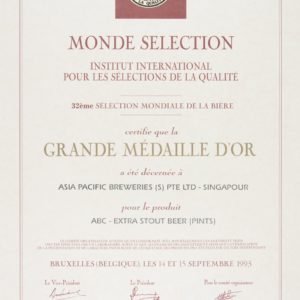 ABC - Extra Stout Beer (Pints) - Grande Médaille d'Or, Monde Sélection Certificate 1993