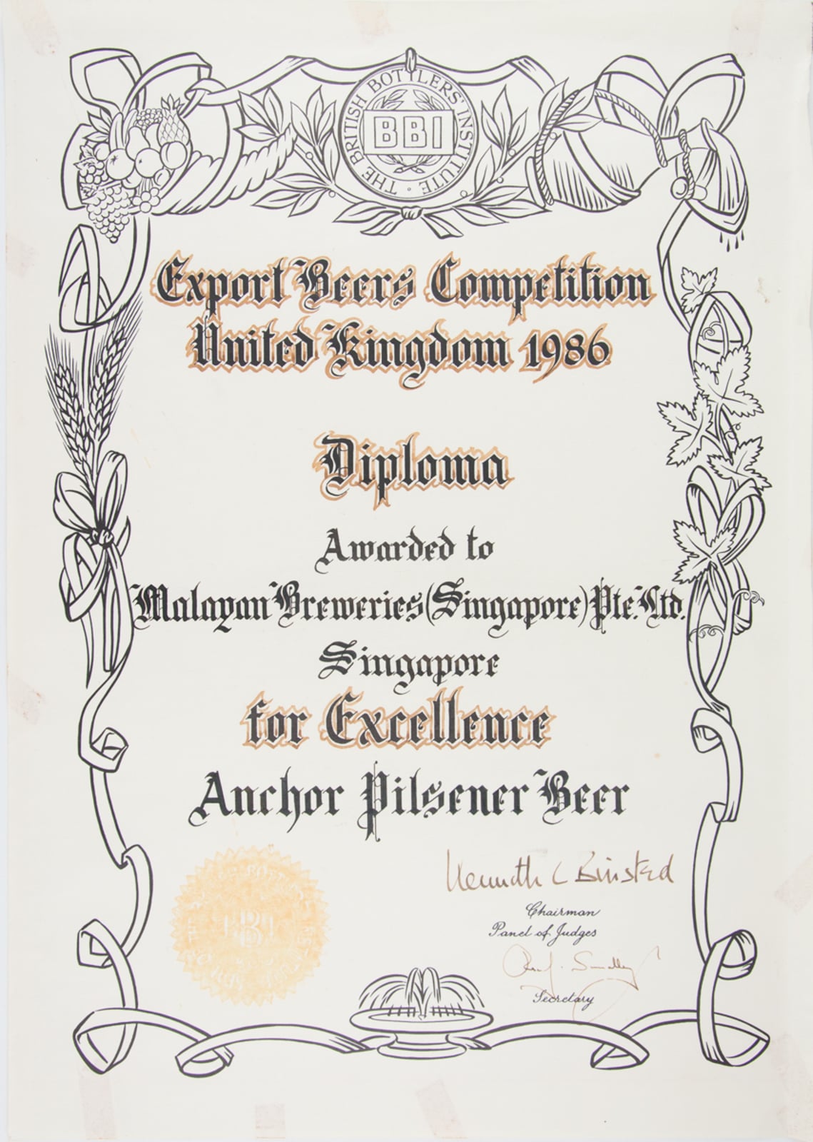 Anchor Pilsener Beer - Diploma for Excellence, Export Beers Competition United Kingdom Certificate 1986