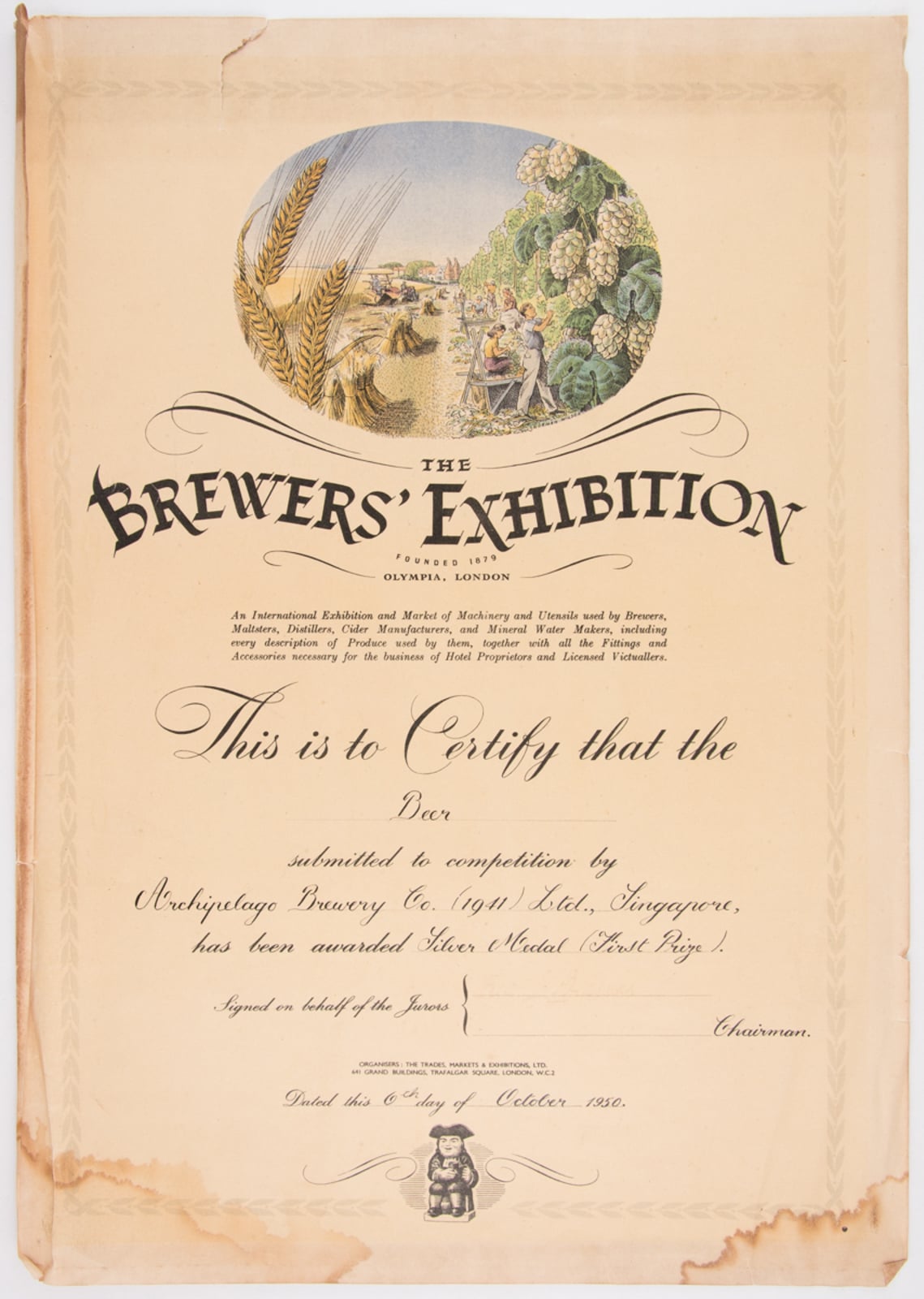 ABC Beer - Silver Medal (First Price), The Brewer's Exhbition Certificate 1950