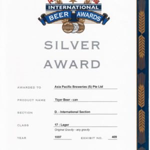 Tiger Beer (Can) Silver Award, Australian International Beer Awards Certificate 1997