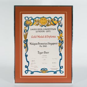 Tiger Beer Gold Medal & Diploma, Lager Beer Compeition London Certificate 1971