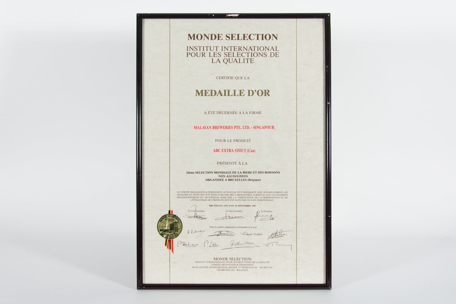 ABC Extra Stout (Can) Médaille d'Or, Monde Selection Certificate 1987
