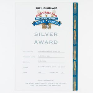 Raffles Light Beer (Lager) Silver Award, Australian International Beer Awards Certificate 1996