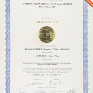 Tiger Beer - Cans - Pilsen - Medaille d'Or, Monde Sélection Certificate 1984