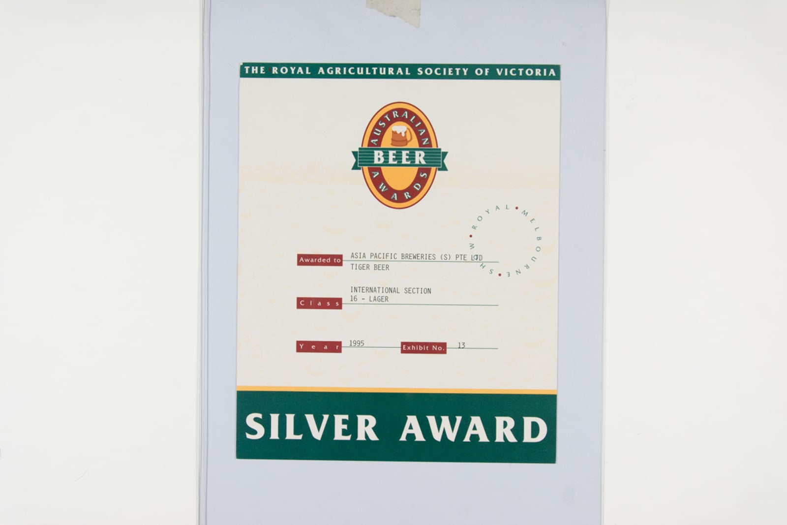 Tiger Beer (Lager) Silver Award, Australian Beer Awards Certificate 1995
