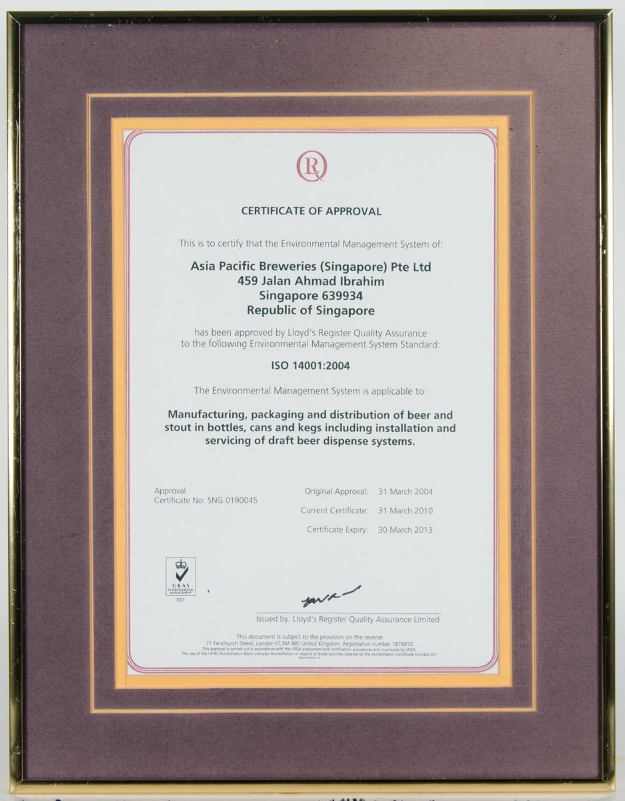 APBS ISO 14001:2004 Certificate of Approval from Lloyd's Register Quality Assurance Limited