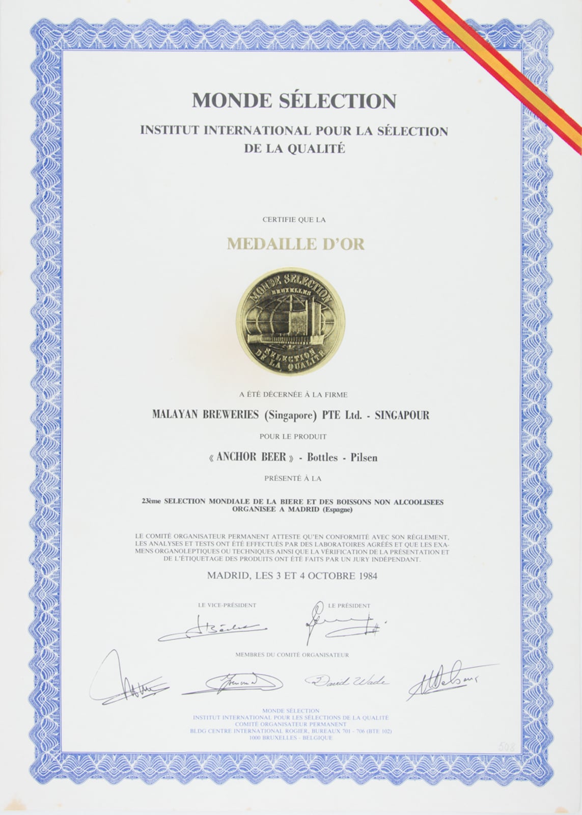 Anchor Beer - Bottles - Pilsen - Medaille d'Or, Monde Sélection Certificate 1984