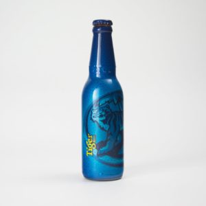 Tiger Beer Bottle In Blue Wrap With Large Logo And Yellow Text