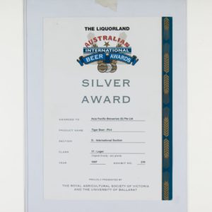 Tiger Beer (Pint) Silver Award, Australian International Beer Awards Certificate 1997