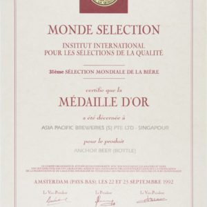 Anchor Beer (Bottle) Médaille d'Or, Monde Sélection Certificate 1992