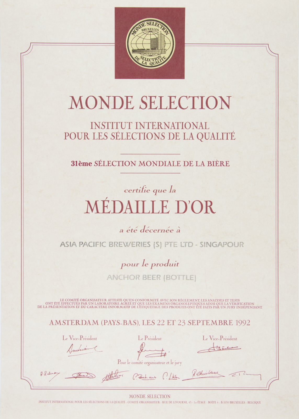 Anchor Beer (Bottle) Médaille d'Or, Monde Sélection Certificate 1992