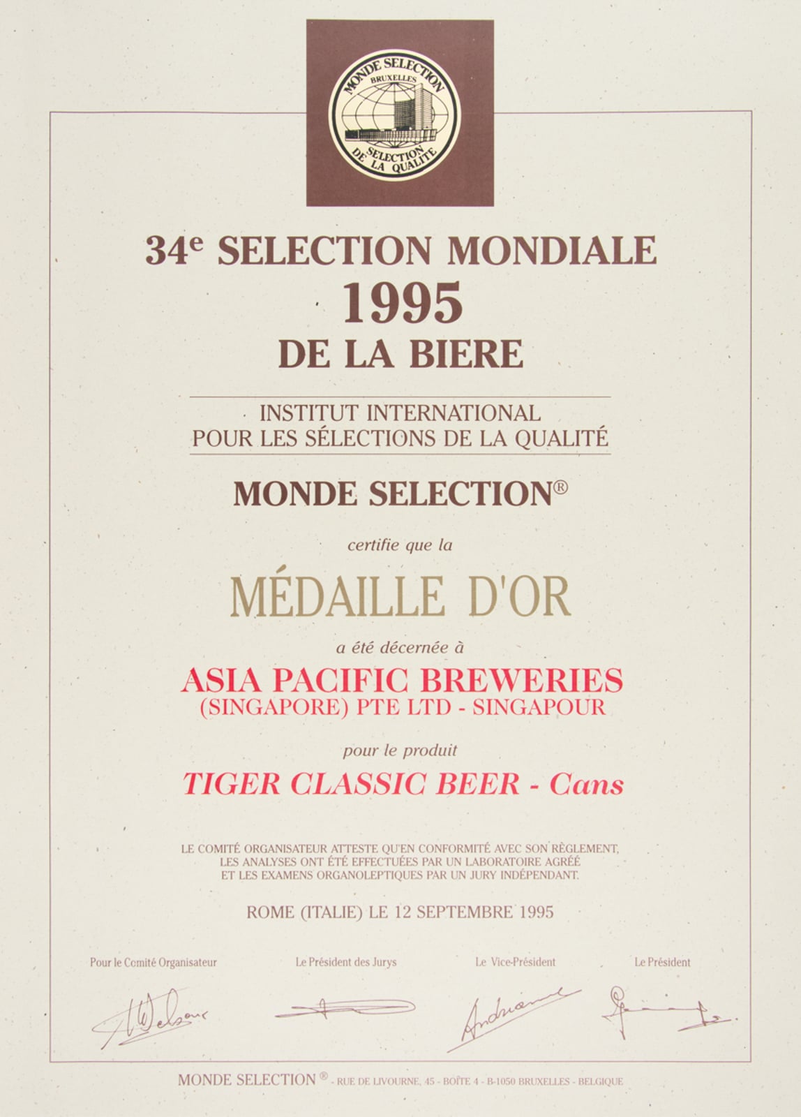 Tiger - Classic Beer (Cans) Médaille d'Or, Monde Selection Certificate 1995