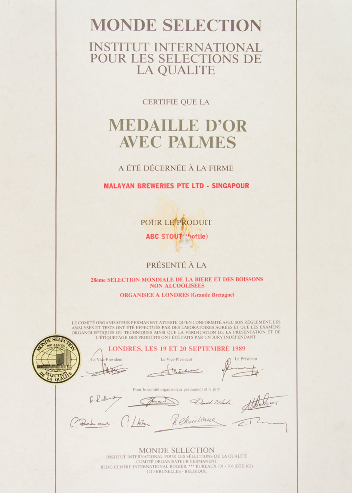 ABC Stout (Bottle) - Médaille d'Or avec Palmes, Monde Sélection Certificate 1989