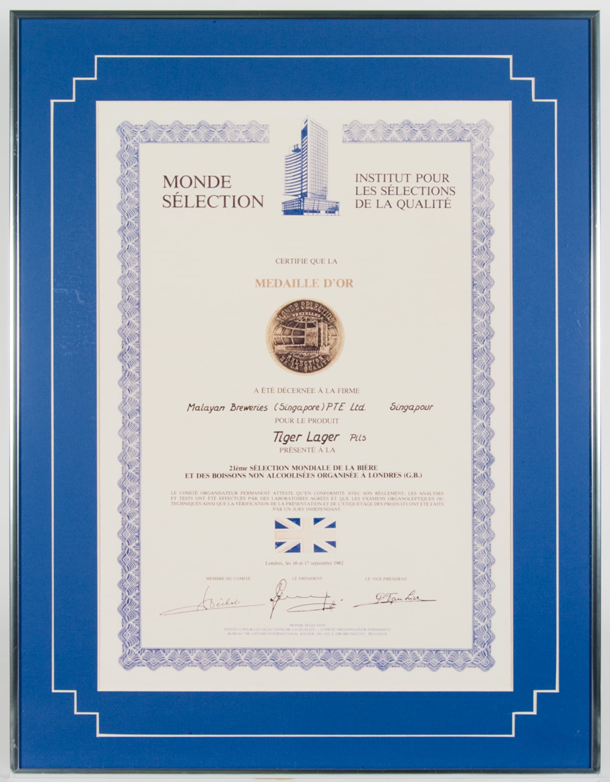 Tiger Lager Pils Médaille d'Or, Monde Selection Certificate 1982