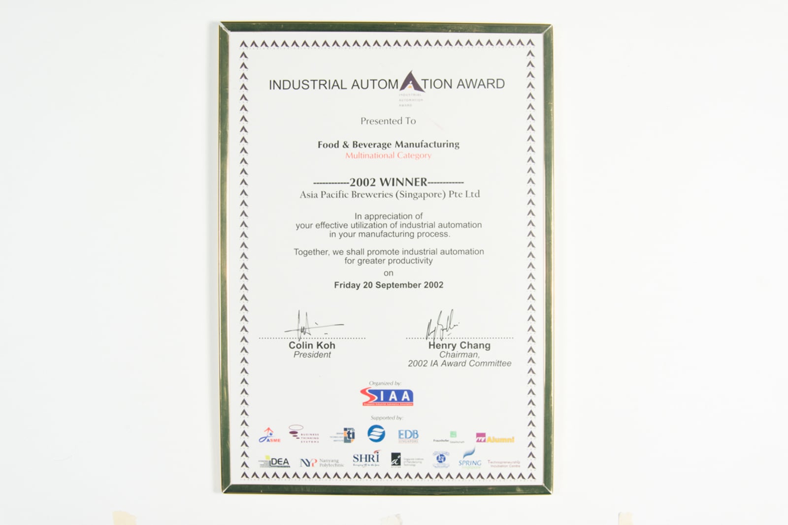APBS - Winner, Industrial Automation Award Certificate 2002
