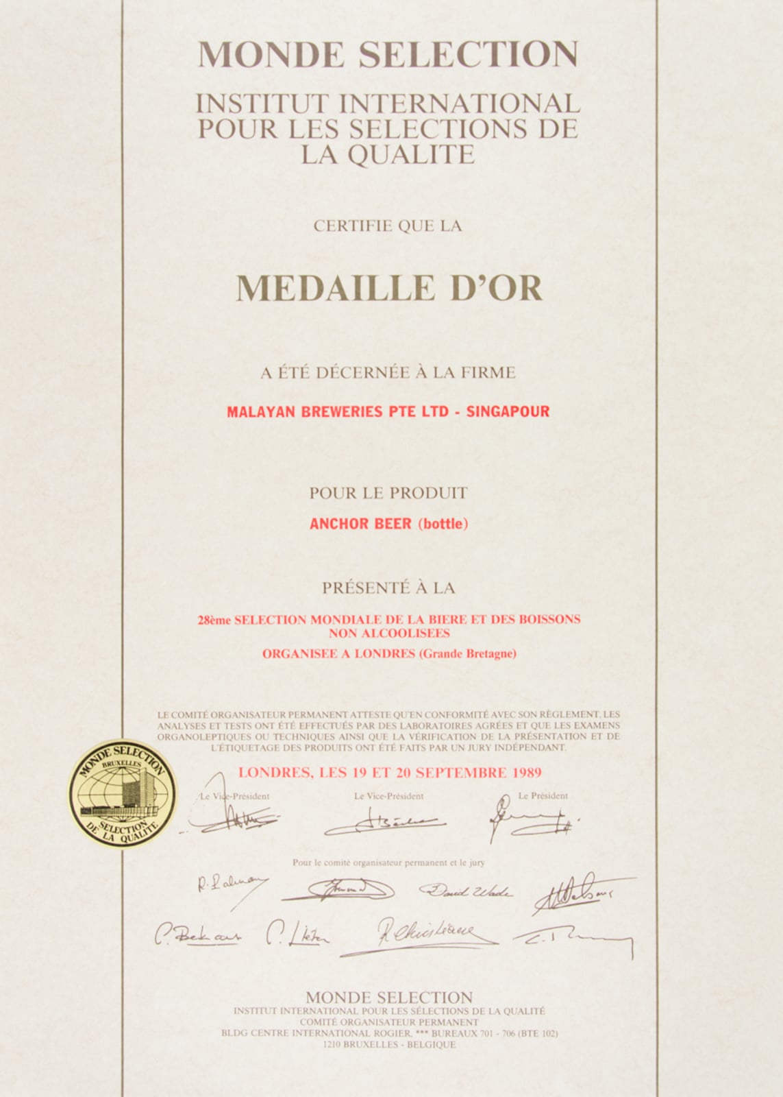 Anchor Beer (Bottle) - Médaille d'Or, Monde Sélection Certificate 1989