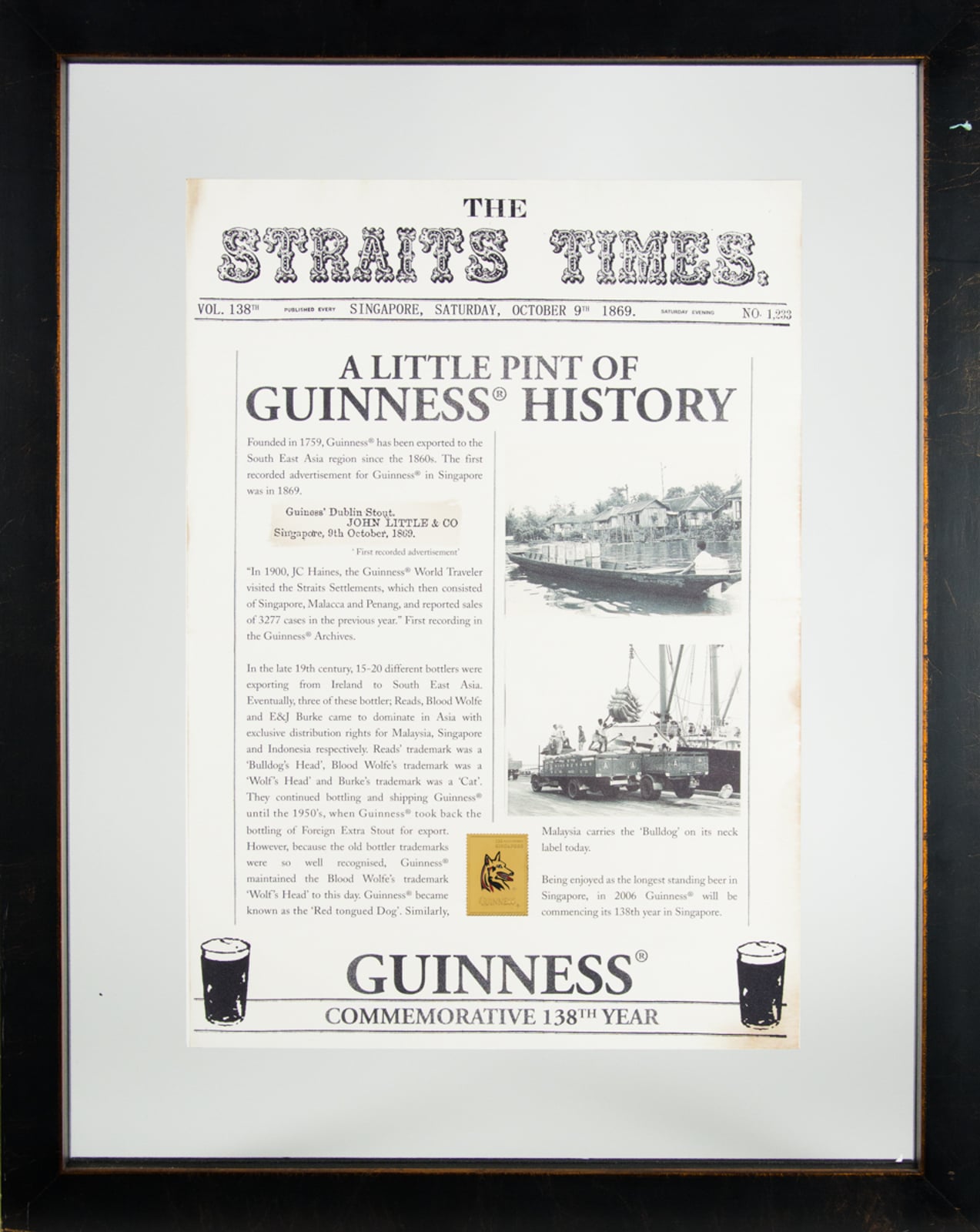 Strait Times, Guinness History Newspaper Article 1869