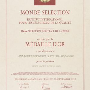 Tiger Lager Beer (Cans) - Médaille d'Or, Monde Sélection Certificate 1992