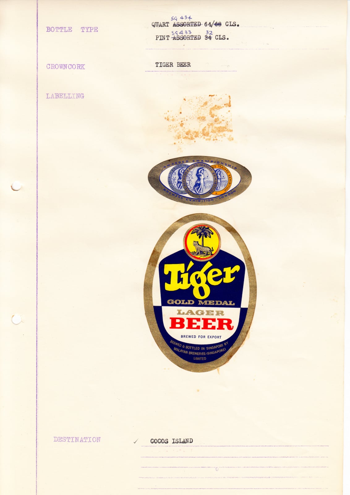 Tiger Beer Cocos Island Labels