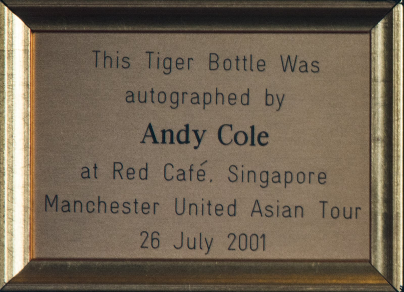 Framed Tiger Beer Bottle Signed By Andy Cole, 2001