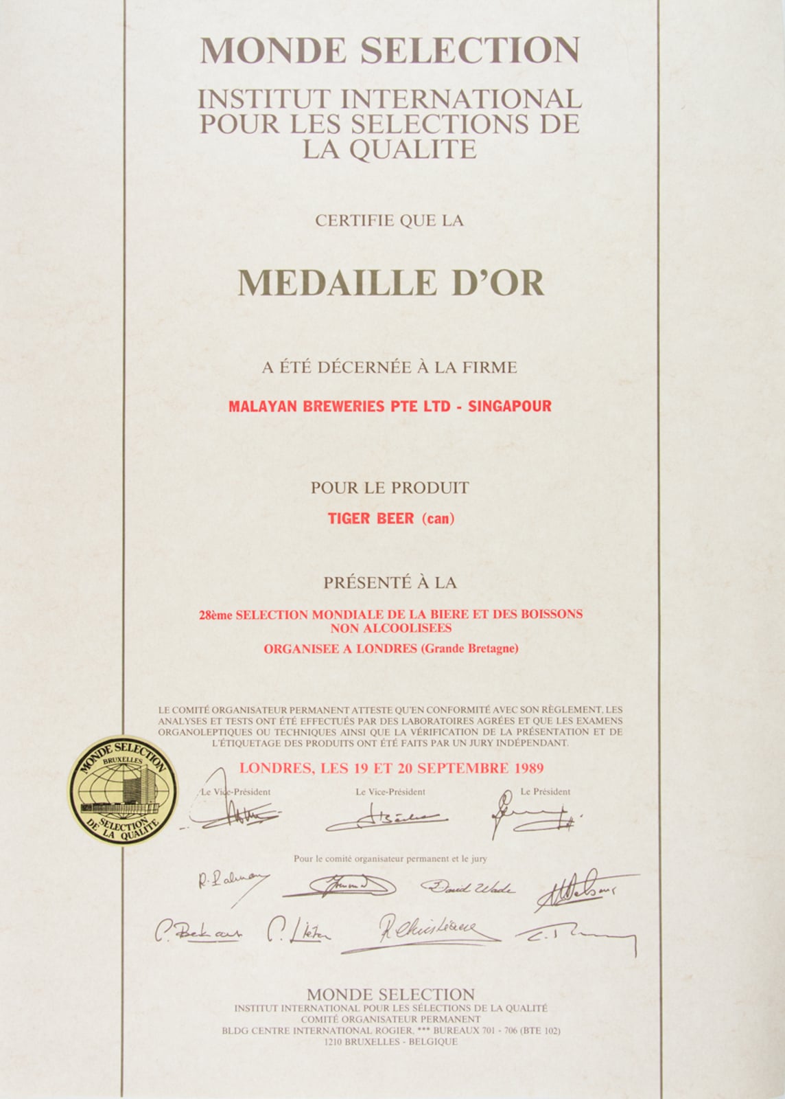 Tiger Beer (Can) - Médaille d'Or, Monde Sélection Certificate 1989