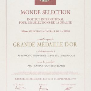 ABC - Extra Stout Beer (Cans) - Grande Médaille d'Or, Monde Sélection Certificate 1993