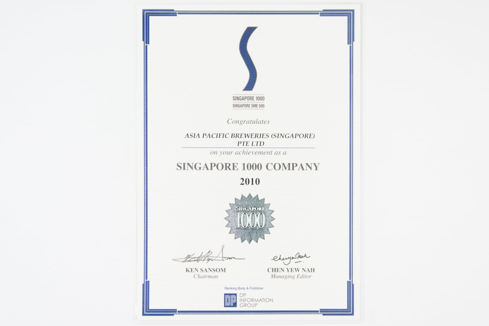 APBS Singapore, Singapore 1000 Company, DP Information Network Certificate 2010