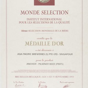 Anchor - Pilsener Beer (Pints) - Médaille d'Or, Monde Sélection Certificate 1993