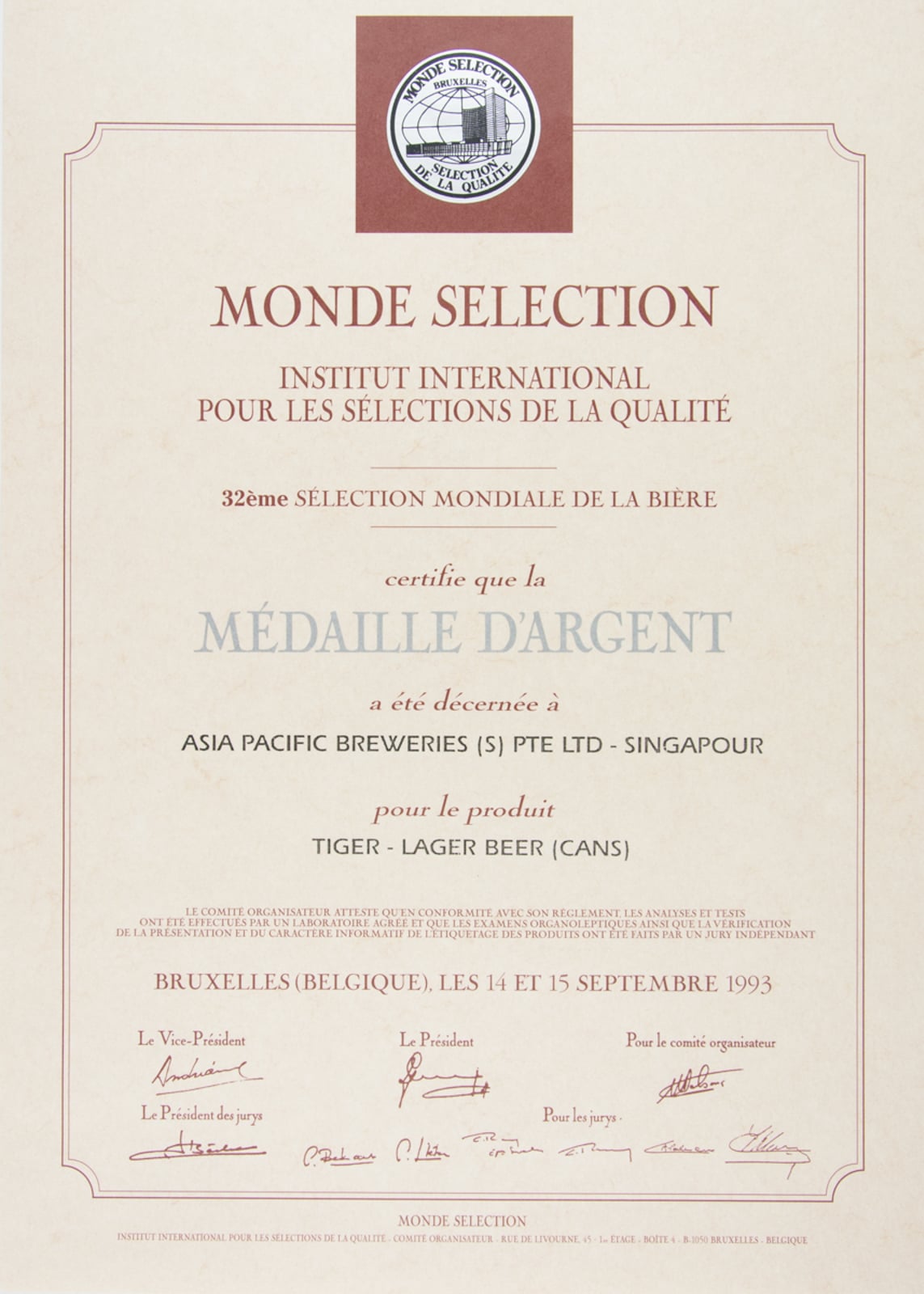 Tiger - Lager Beer (Cans) - Médaille d'Argent, Monde Sélection Certificate 1993