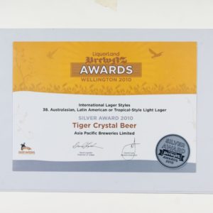 Tiger Crystal Beer Silver Award, Liquorland BrewNZ Certificate 2010