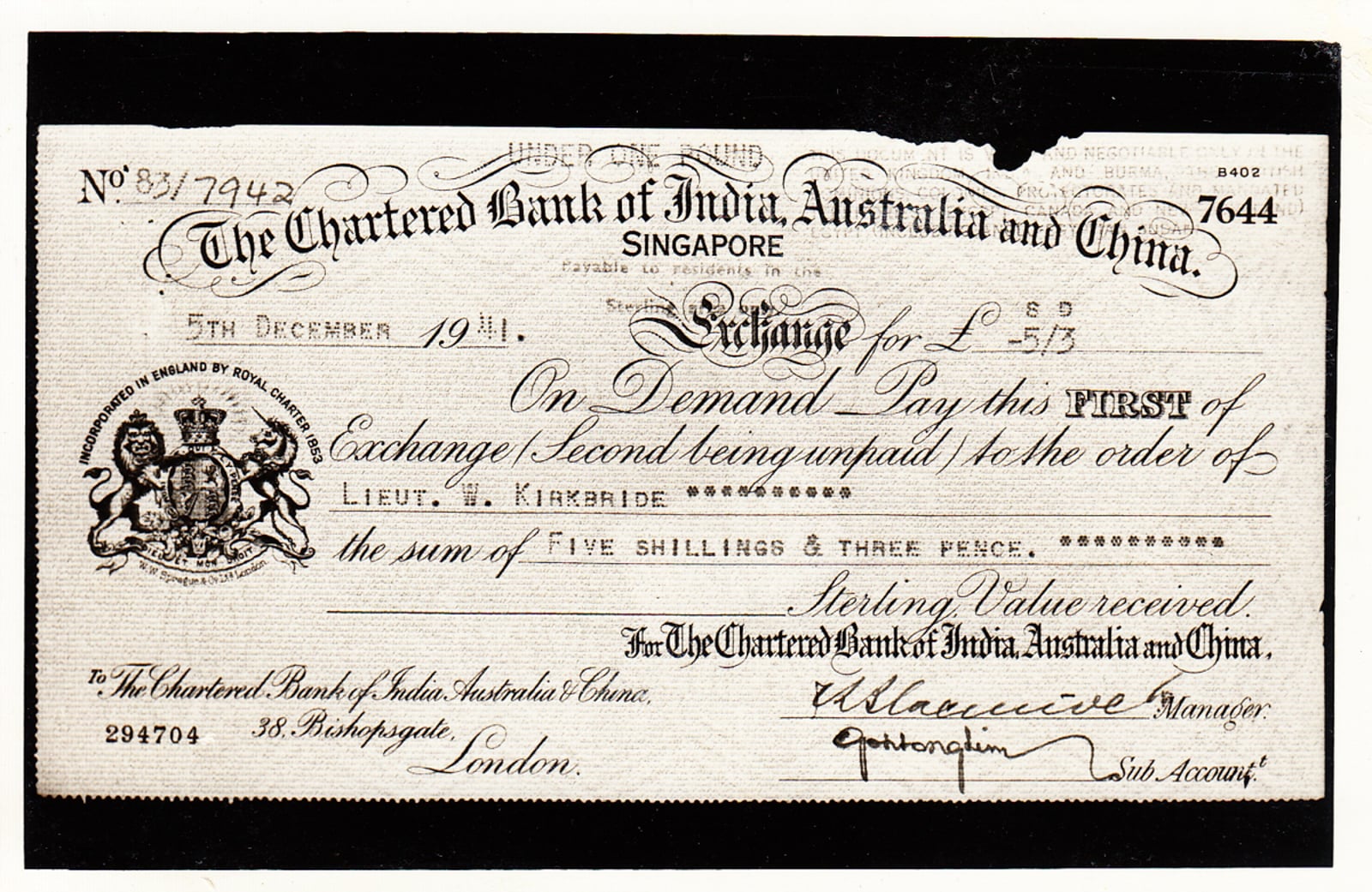 Malayan Breweries Limited Cheques Photograph