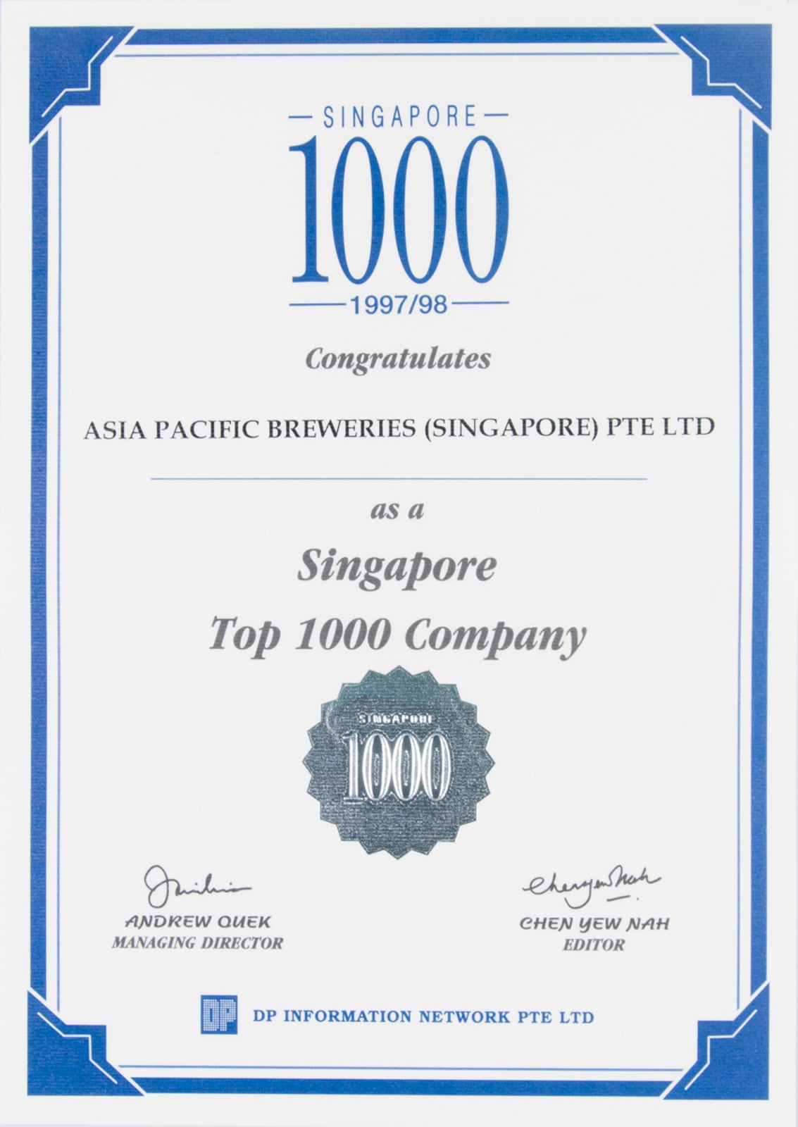 APBS Singapore 1000 Company, DP Information Group Certificate 1997/98