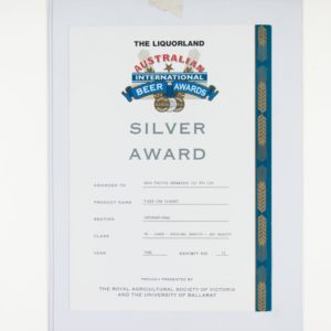 Tiger Can (Lager) Silver Award, Australian International Beer Awards Certificate 1996