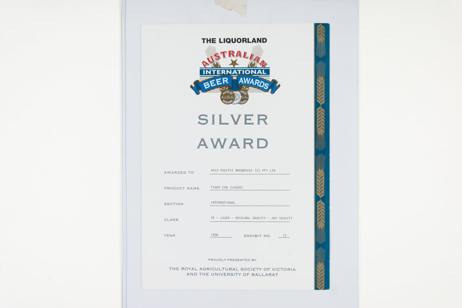 Tiger Can (Lager) Silver Award, Australian International Beer Awards Certificate 1996