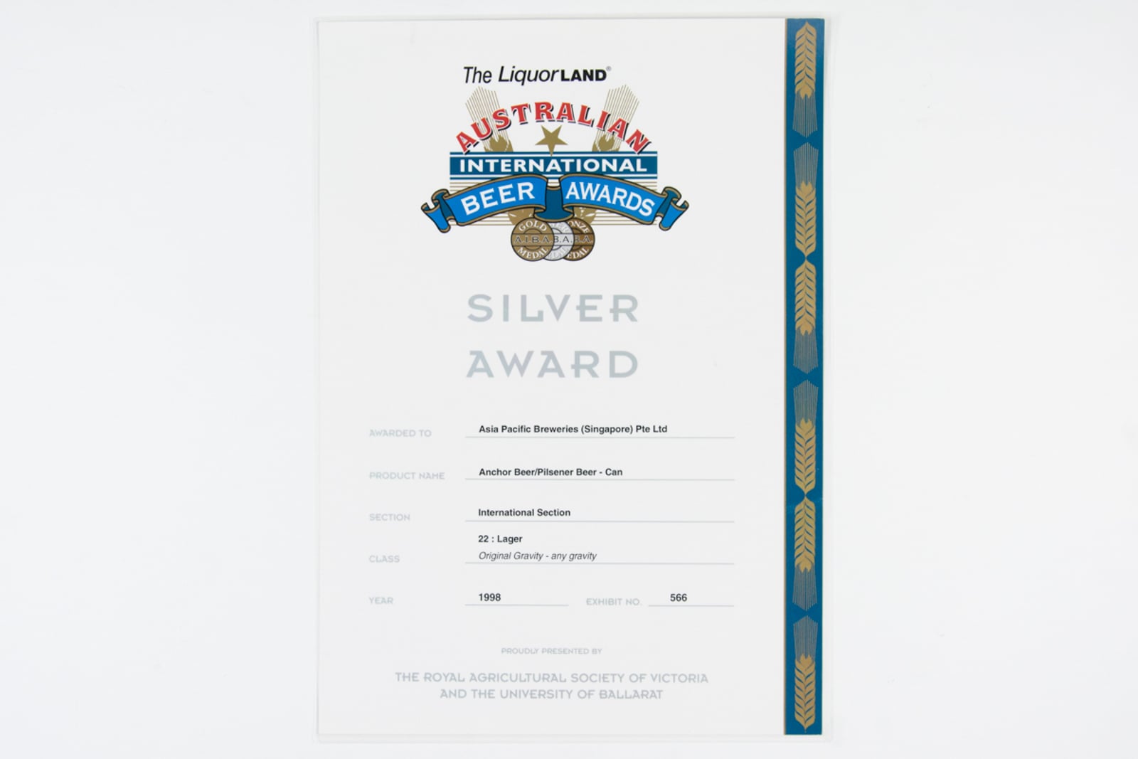 Anchor Beer / Pilsener Beer (Can) Silver Award, Australian International Beer Awards Certificate 1998